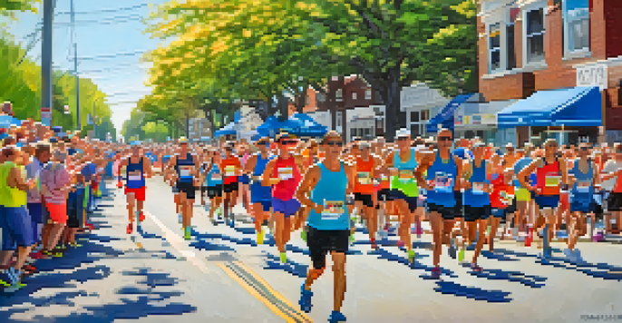 A diverse group of runners participating in the New Jersey Marathon, with spectators cheering in the background and spring flowers blooming.