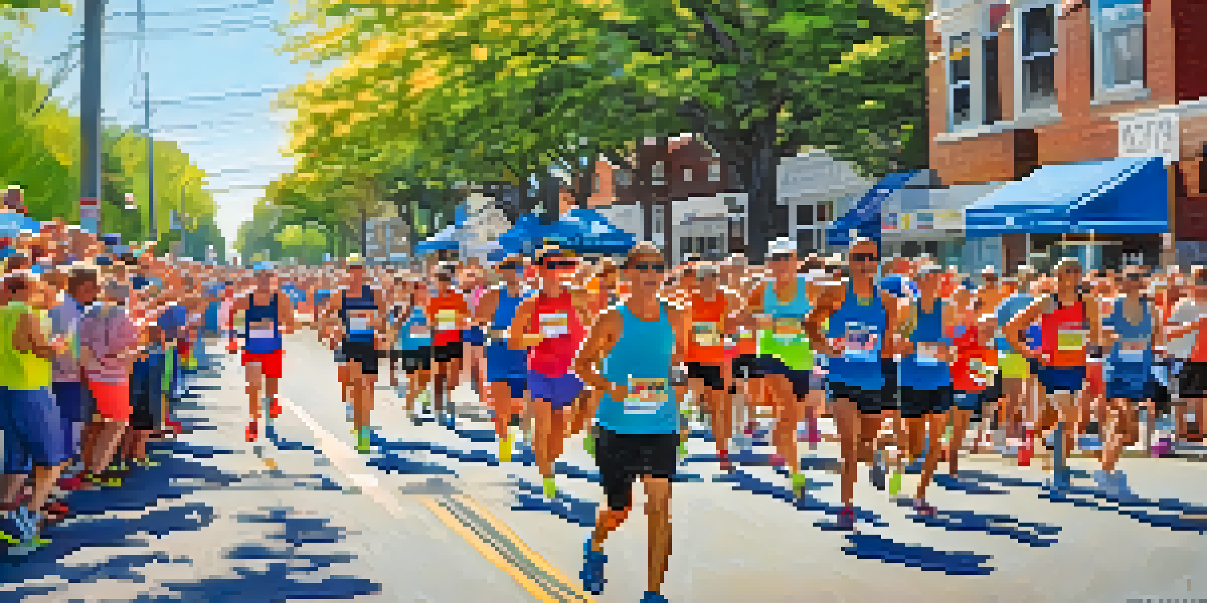 A diverse group of runners participating in the New Jersey Marathon, with spectators cheering in the background and spring flowers blooming.