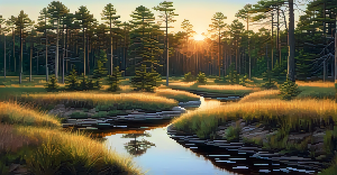 A tranquil landscape of the Pine Barrens with pitch pine trees, colorful wildflowers, and a stream illuminated by soft sunlight during sunset.