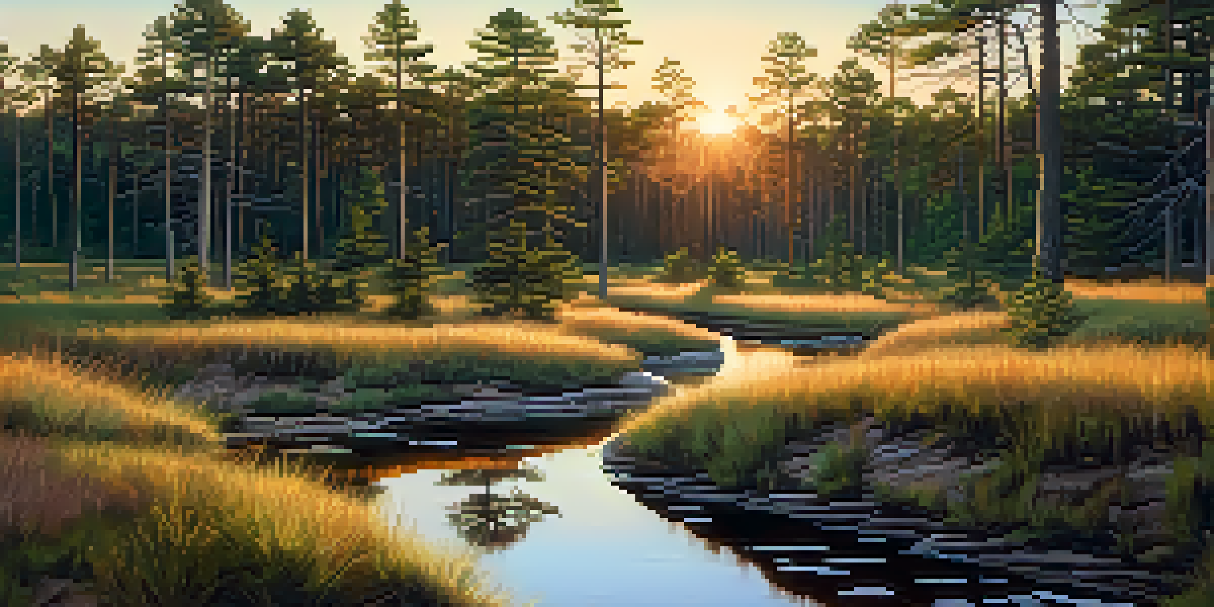 A tranquil landscape of the Pine Barrens with pitch pine trees, colorful wildflowers, and a stream illuminated by soft sunlight during sunset.