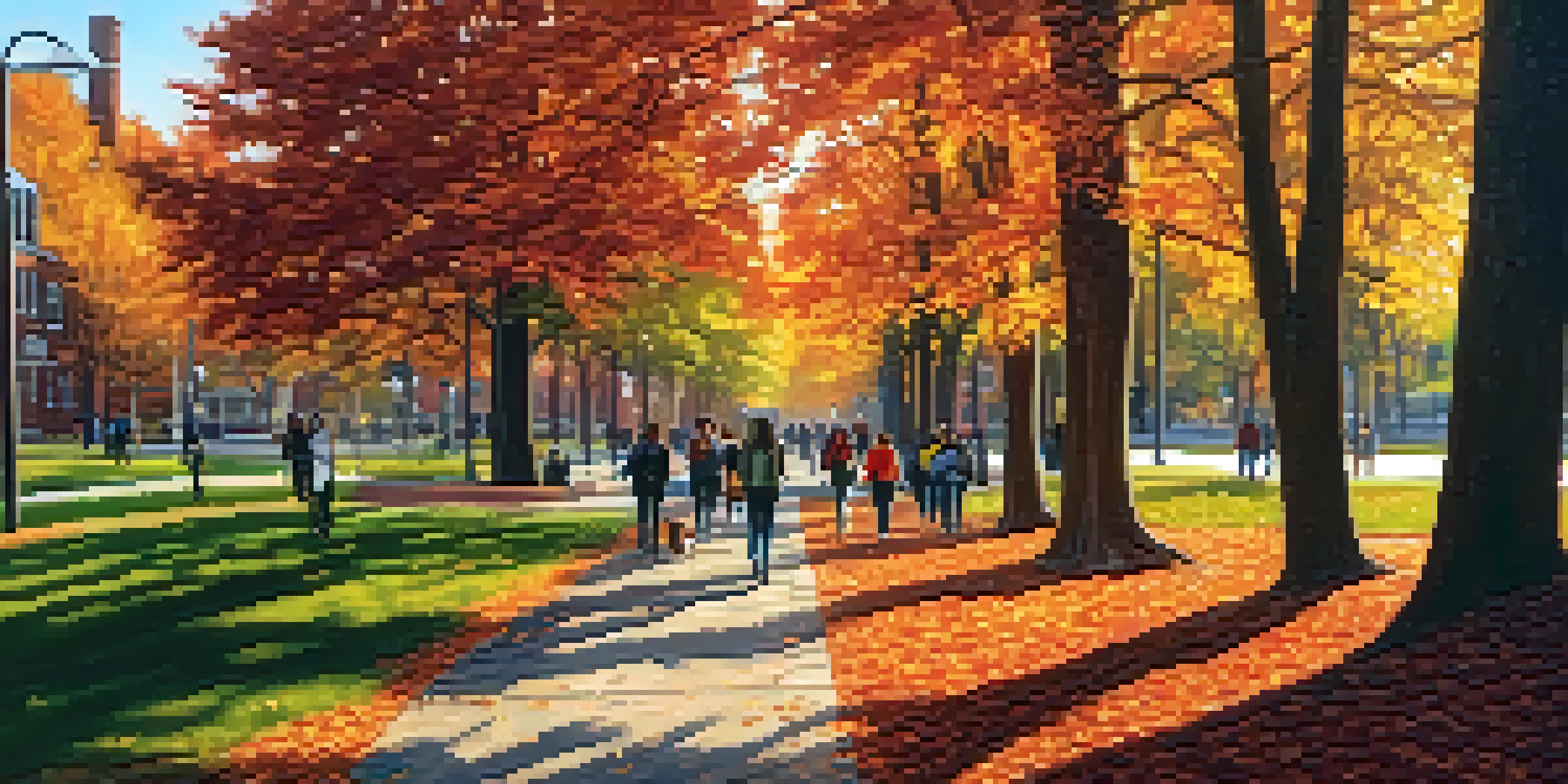 A wide view of Rutgers University campus in autumn, featuring colorful leaves and students on a sunny day.