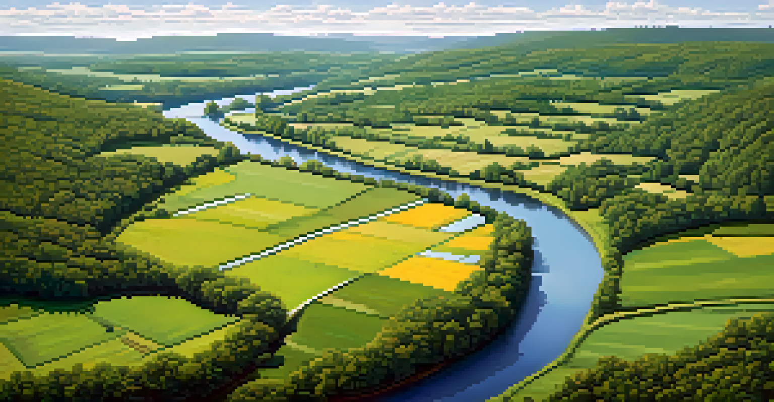 An aerial view of Kittatinny Valley in New Jersey, featuring farmland, a winding river, and lush greenery under a sunny sky.