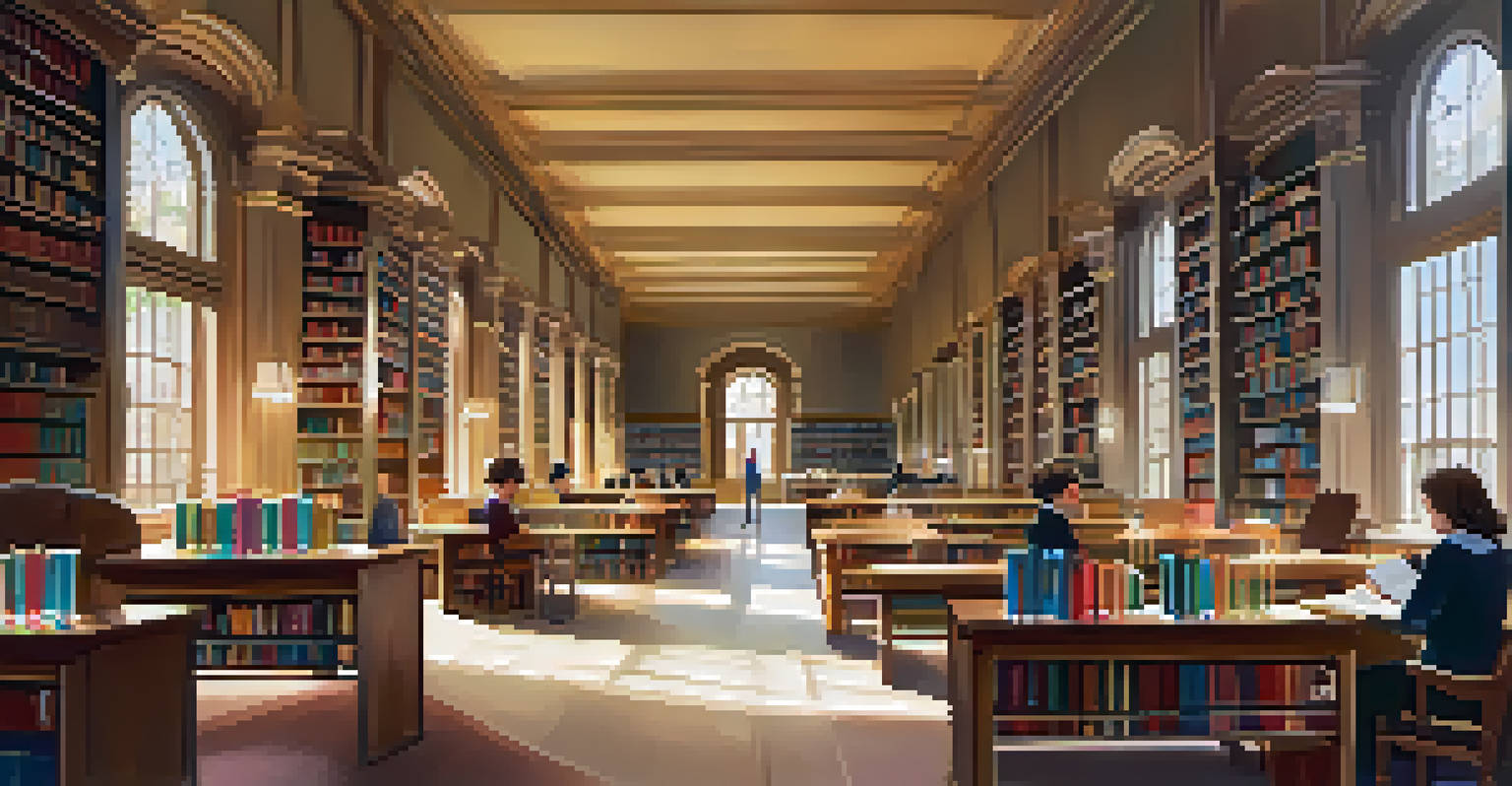 A cozy school library filled with students reading and studying, with sunlight illuminating the shelves and comfortable seating areas.