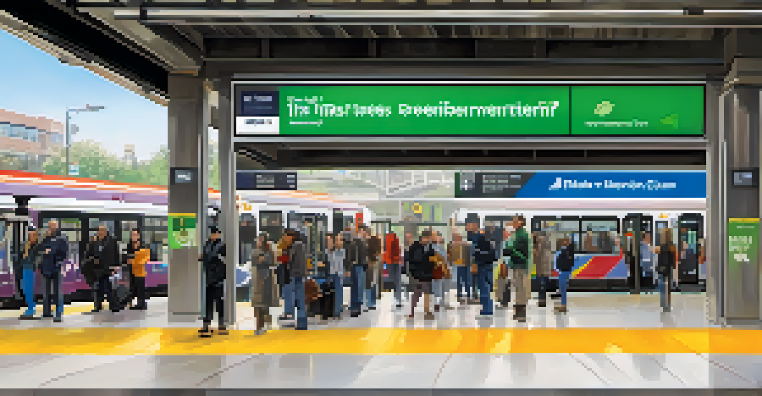 A modern public transit station in New Jersey with buses and trains, diverse people using the transit system, and digital screens displaying information.
