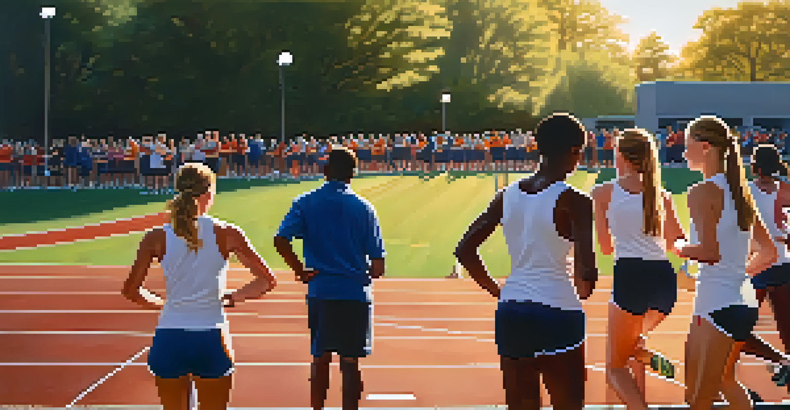 A high school track team practicing with a coach guiding a runner during sunset, showcasing teamwork and mentorship.