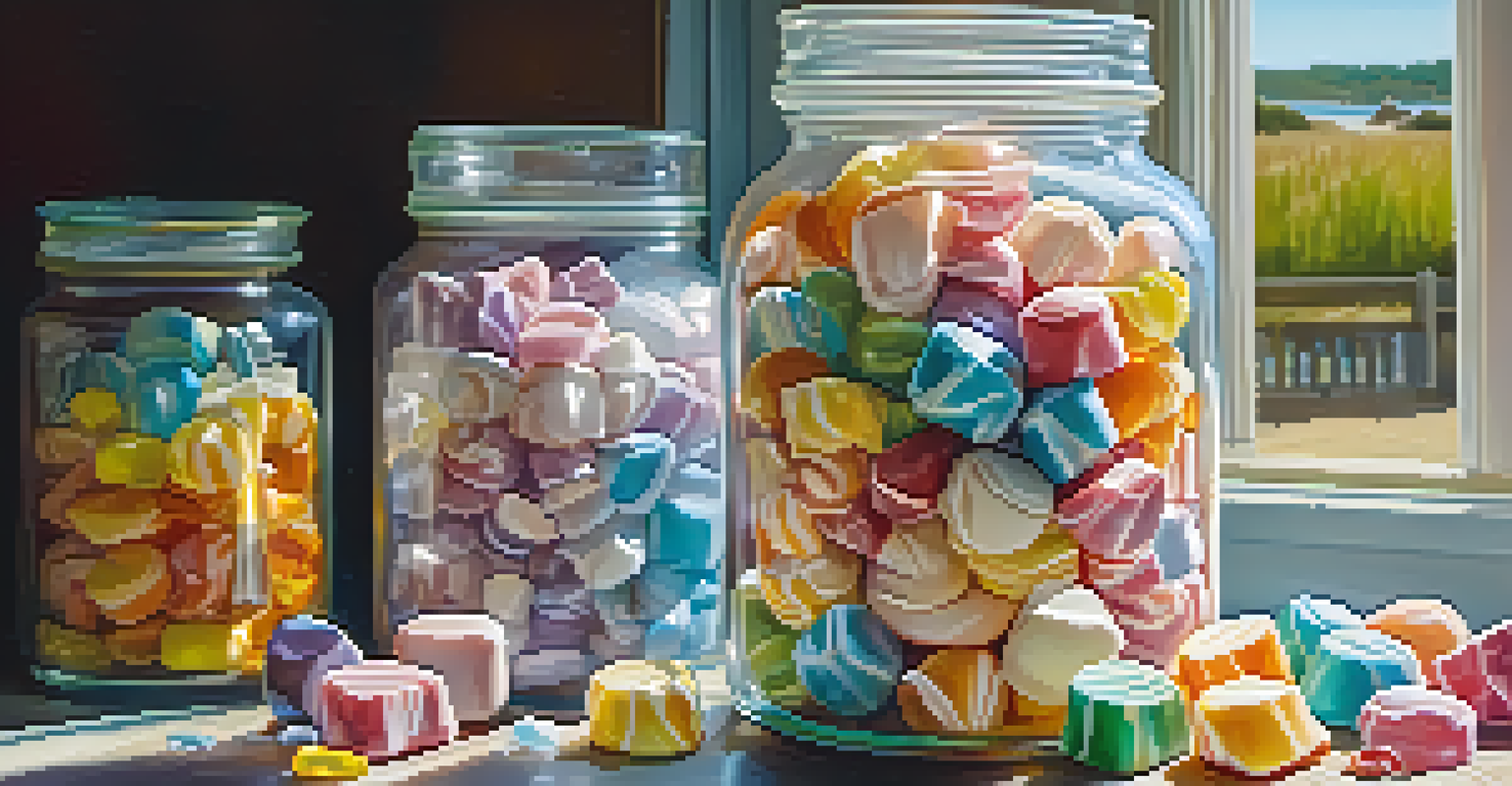 A glass jar filled with colorful salt water taffy, illuminated by sunlight, with a beach-themed background.