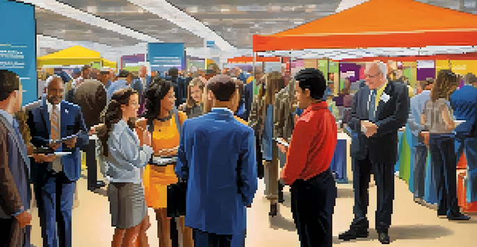 A lively job fair in New Jersey with diverse job seekers and employers. Colorful booths and banners are visible, and people are interacting in a professional setting.