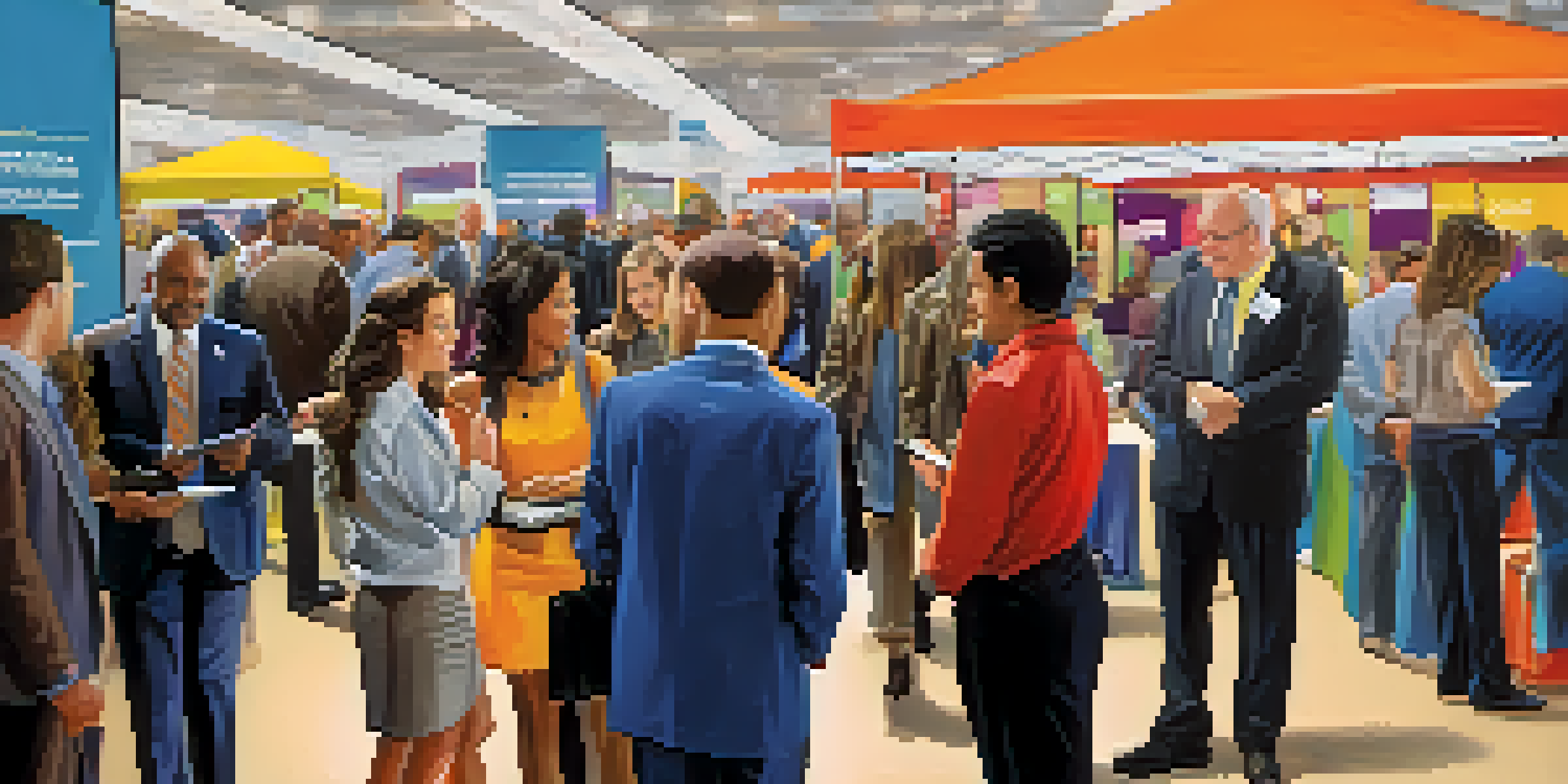 A lively job fair in New Jersey with diverse job seekers and employers. Colorful booths and banners are visible, and people are interacting in a professional setting.