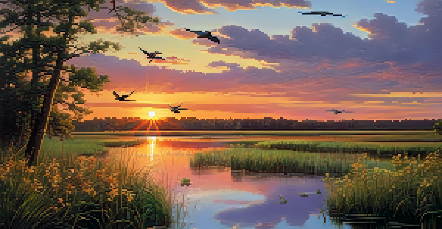 A scenic landscape of the Great Swamp with wetlands, flying birds, and colorful wildflowers under a stunning sunset.