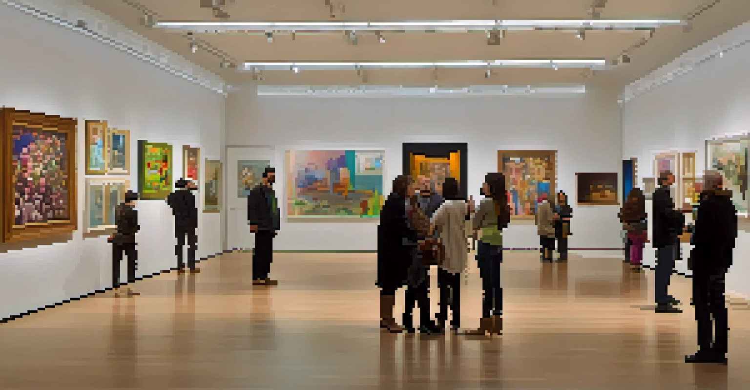 An art gallery filled with contemporary artworks and diverse visitors engaged with the pieces.