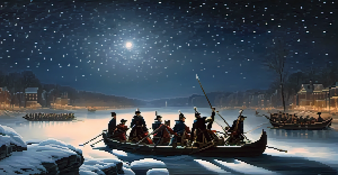George Washington crossing the icy Delaware River with troops at night, illuminated by lanterns.
