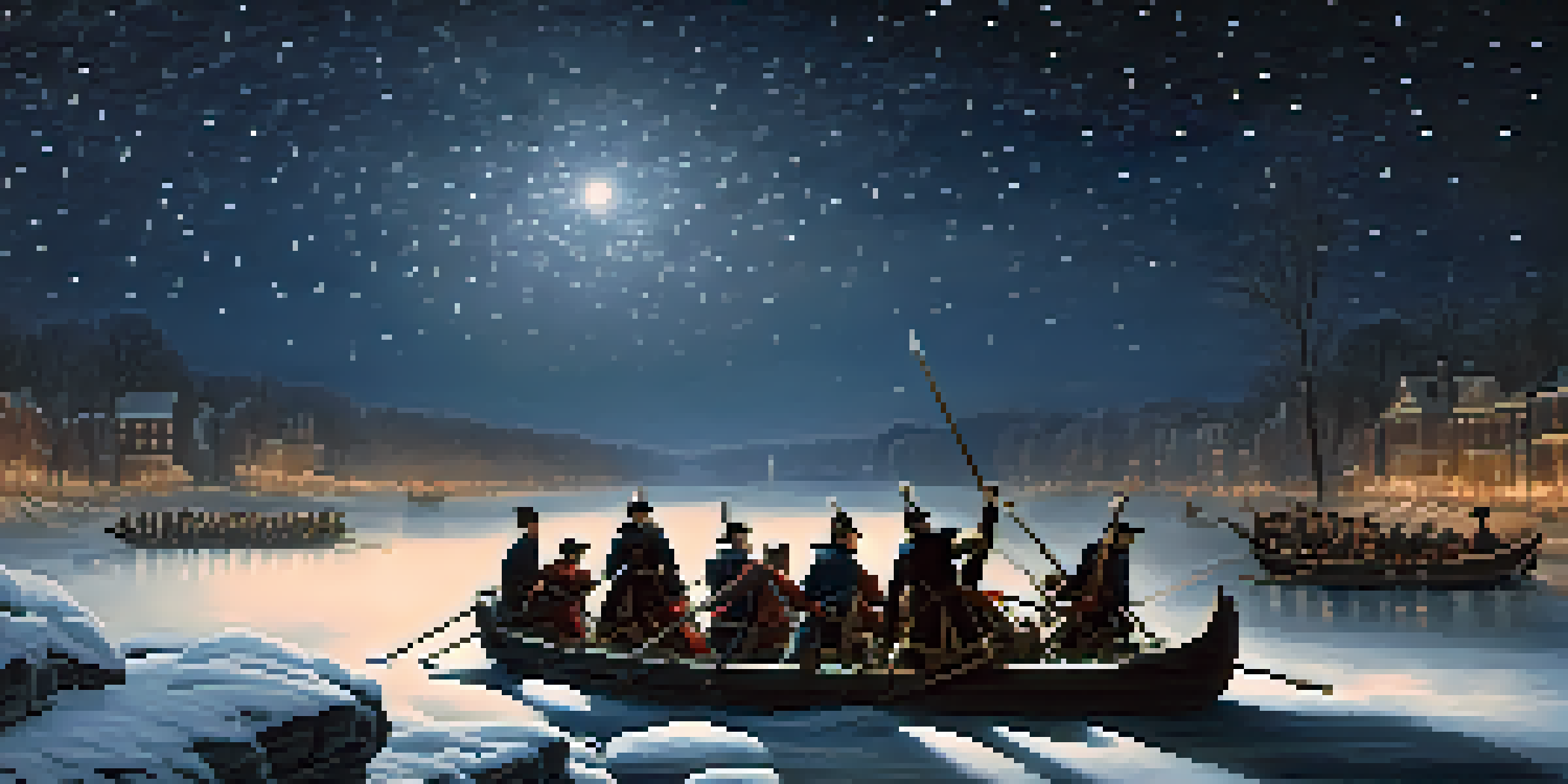 George Washington crossing the icy Delaware River with troops at night, illuminated by lanterns.