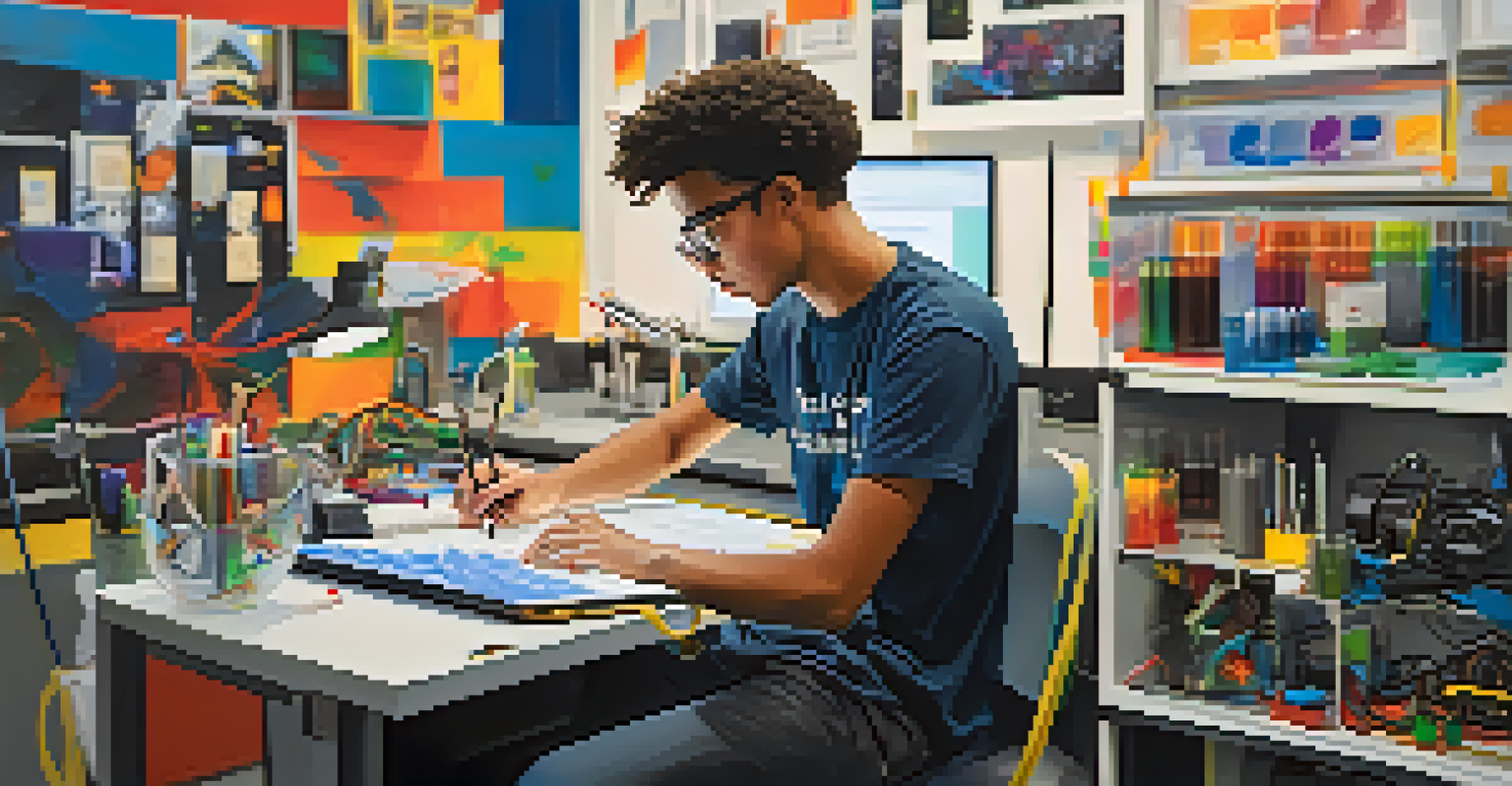 A close-up of a student working on a creative project in a technology lab filled with educational tools.