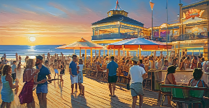 A vibrant boardwalk scene at sunset, with people enjoying live music and colorful beach umbrellas.