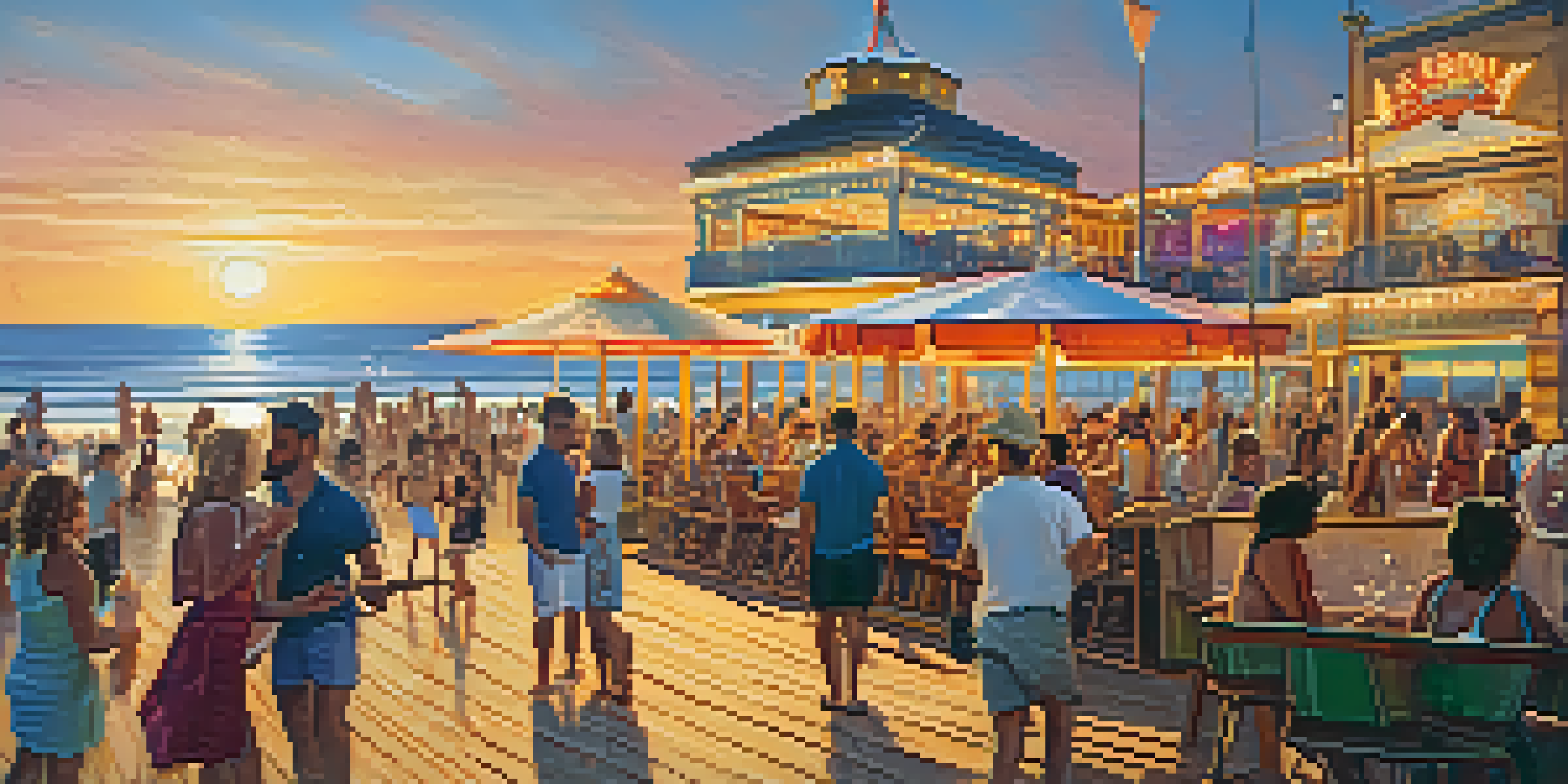 A vibrant boardwalk scene at sunset, with people enjoying live music and colorful beach umbrellas.