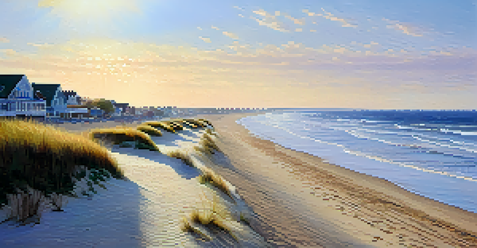 A tranquil coastal scene with sandy beaches, gentle waves, and colorful beach umbrellas under a sunset sky.
