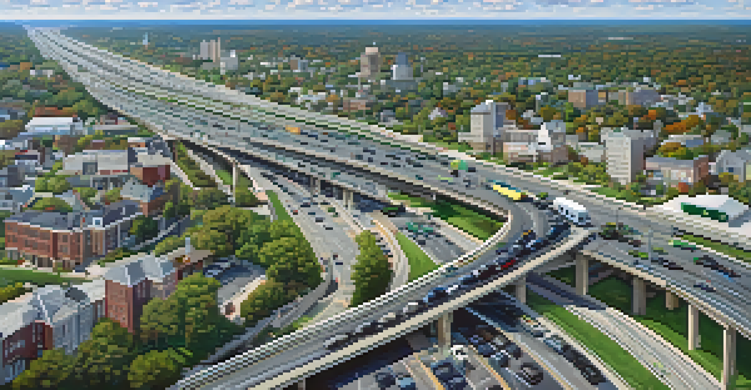 An aerial view of a busy highway in New Jersey with various vehicles and green spaces.