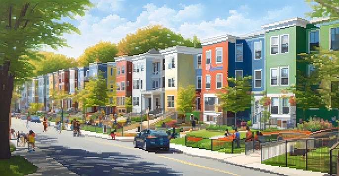 A lively urban neighborhood featuring affordable housing, diverse families in a park, and bright, colorful buildings under a clear blue sky.