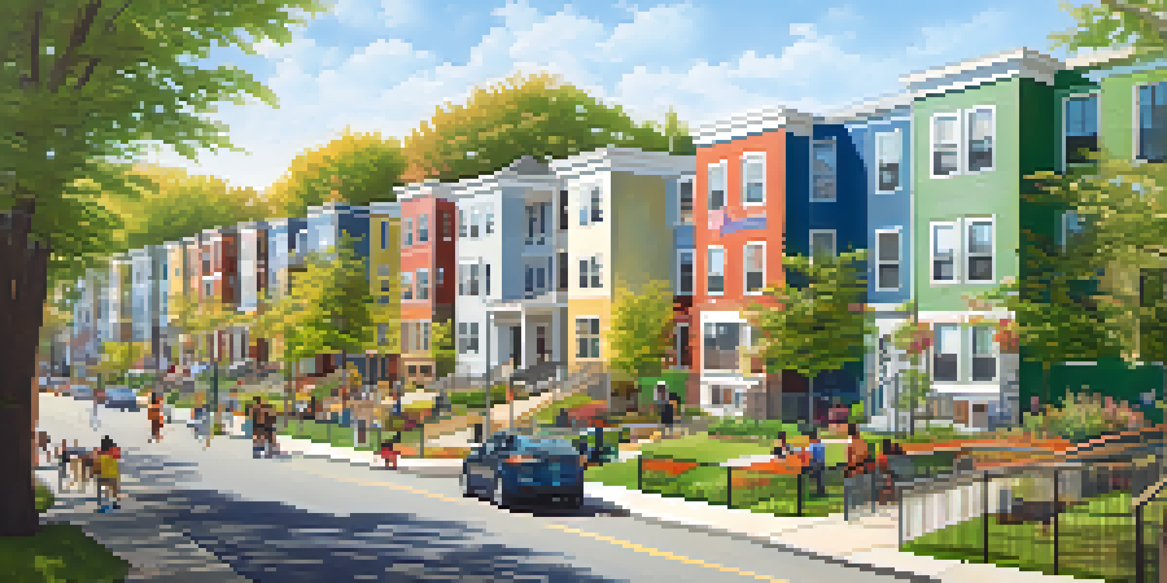 A lively urban neighborhood featuring affordable housing, diverse families in a park, and bright, colorful buildings under a clear blue sky.