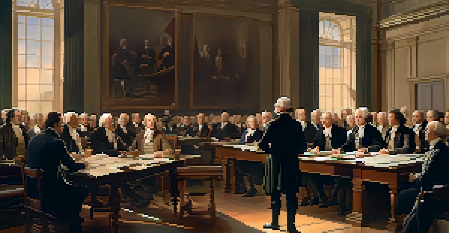 Delegates debating the New Jersey Plan at the Constitutional Convention with period details and warm light.