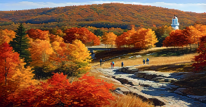 A scenic landscape of High Point State Park in fall, with families hiking on a colorful trail and the High Point Monument in the background.