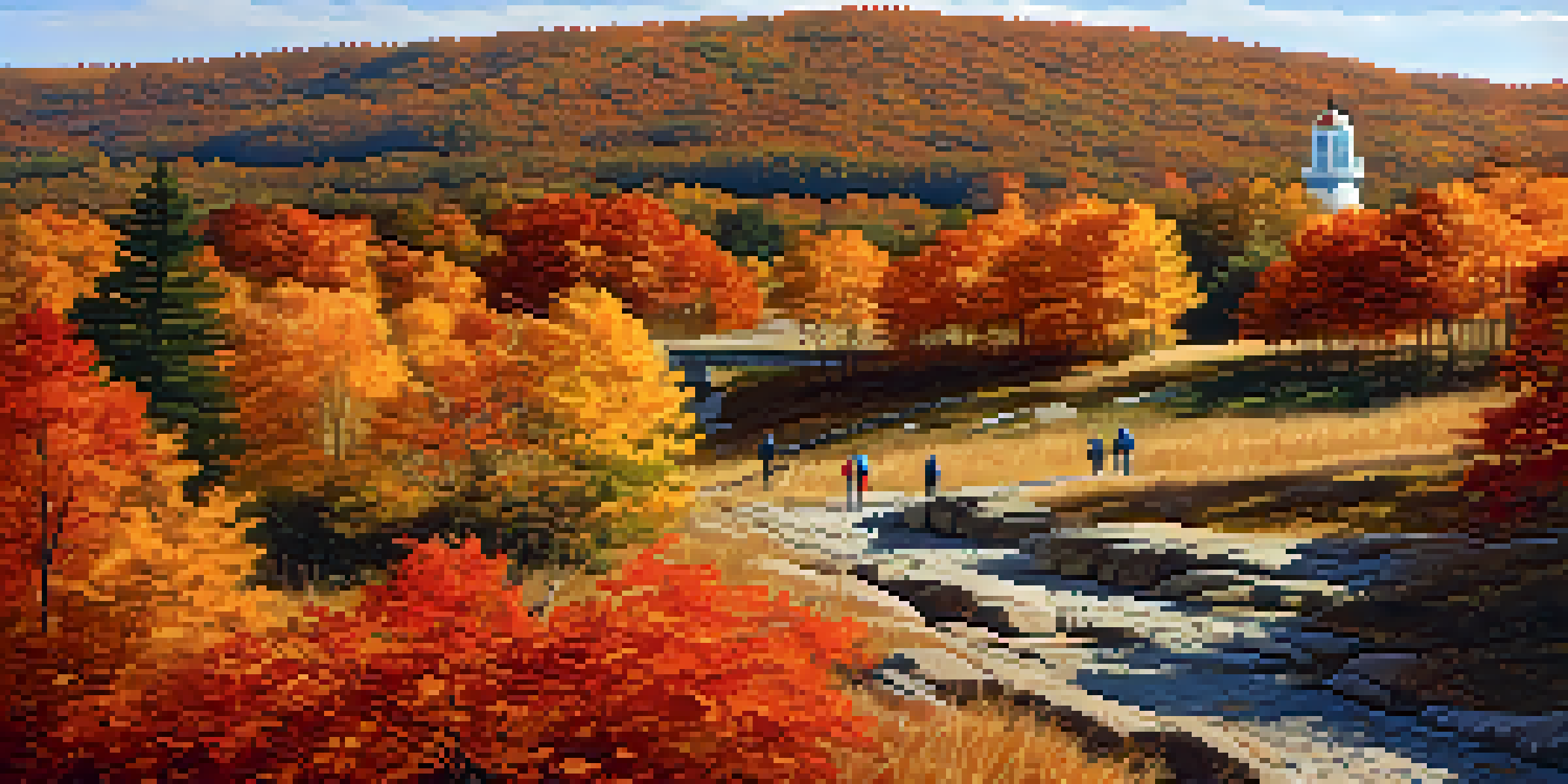 A scenic landscape of High Point State Park in fall, with families hiking on a colorful trail and the High Point Monument in the background.