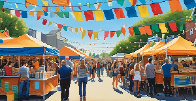 A lively craft beer festival with diverse people sampling beer and enjoying food from trucks under sunny skies.