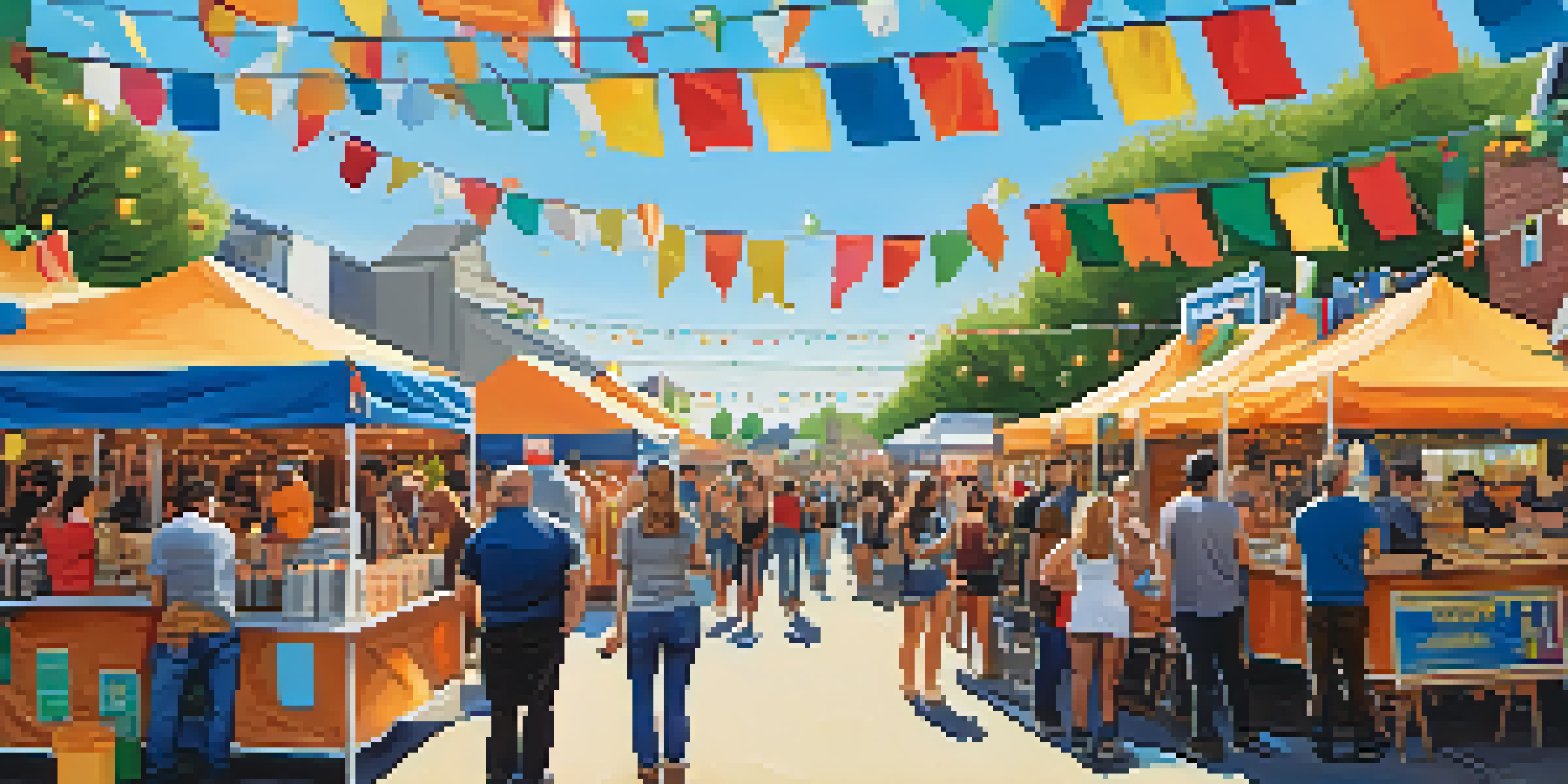 A lively craft beer festival with diverse people sampling beer and enjoying food from trucks under sunny skies.