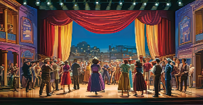 Actors rehearsing on stage in a community theater, with colorful lighting and vintage posters in the background.