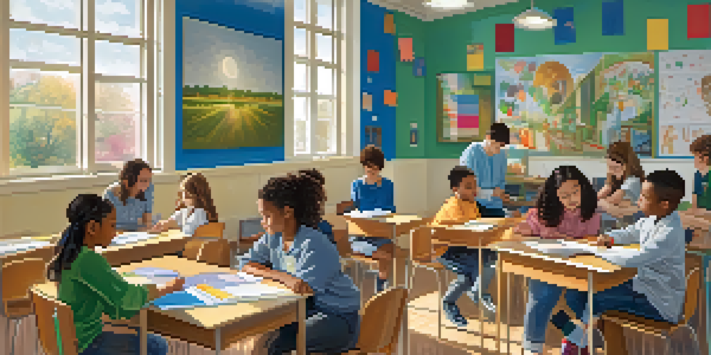 A vibrant classroom with diverse students working together, a teacher assisting a student with learning difficulties, colorful educational materials around.