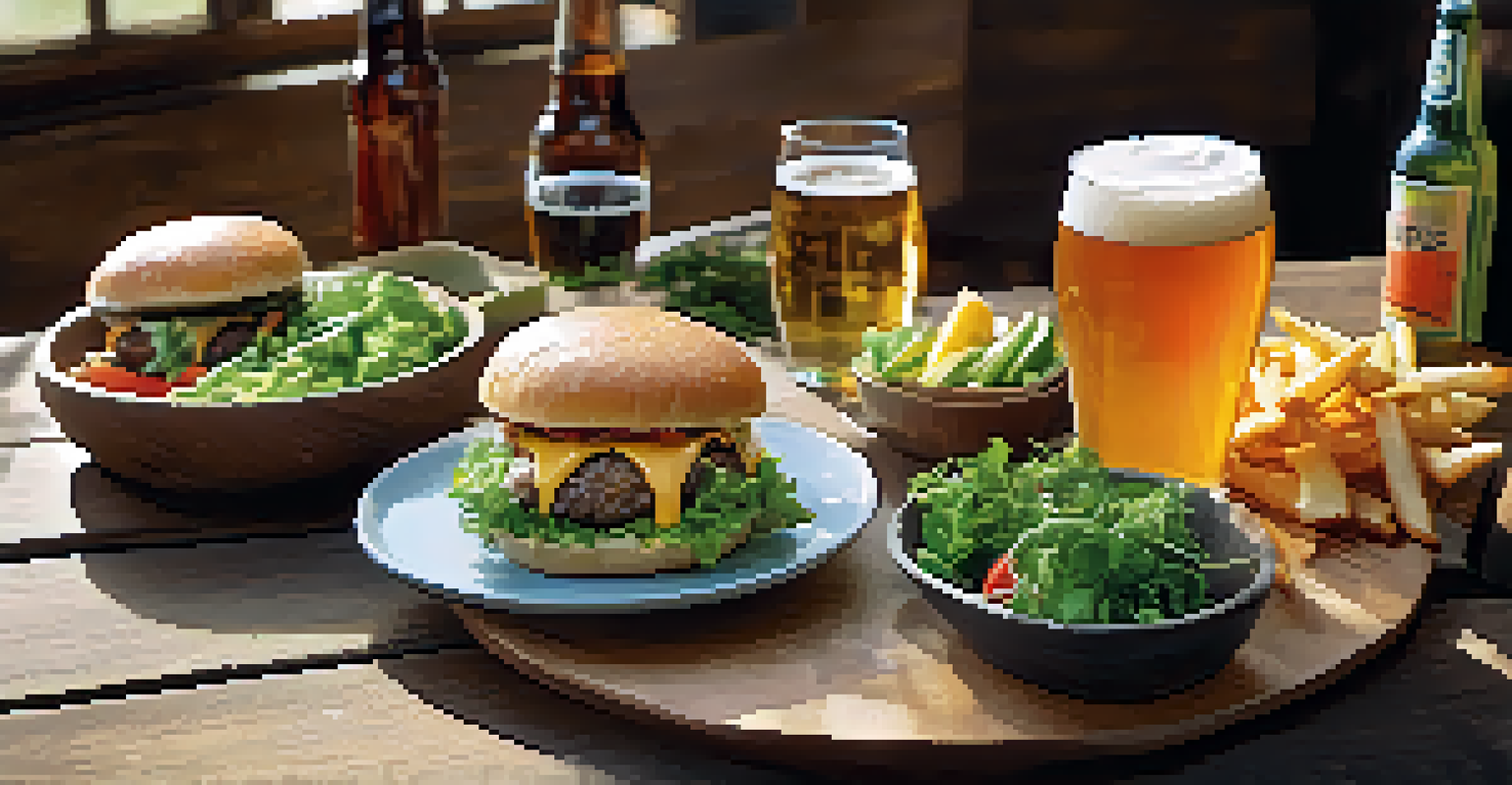 A beautifully arranged table displaying beer and food pairings, including an IPA with a cheeseburger and a lager with fish and chips.