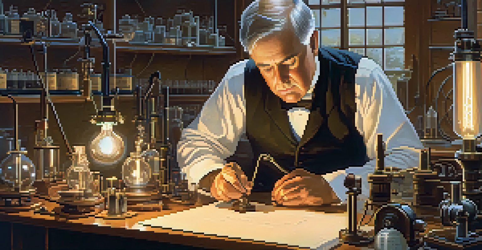 Thomas Edison working in his lab surrounded by vintage inventions and glowing light bulbs.