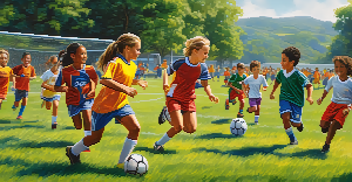 Young athletes playing soccer in a community match, with bright colors and an enthusiastic crowd.