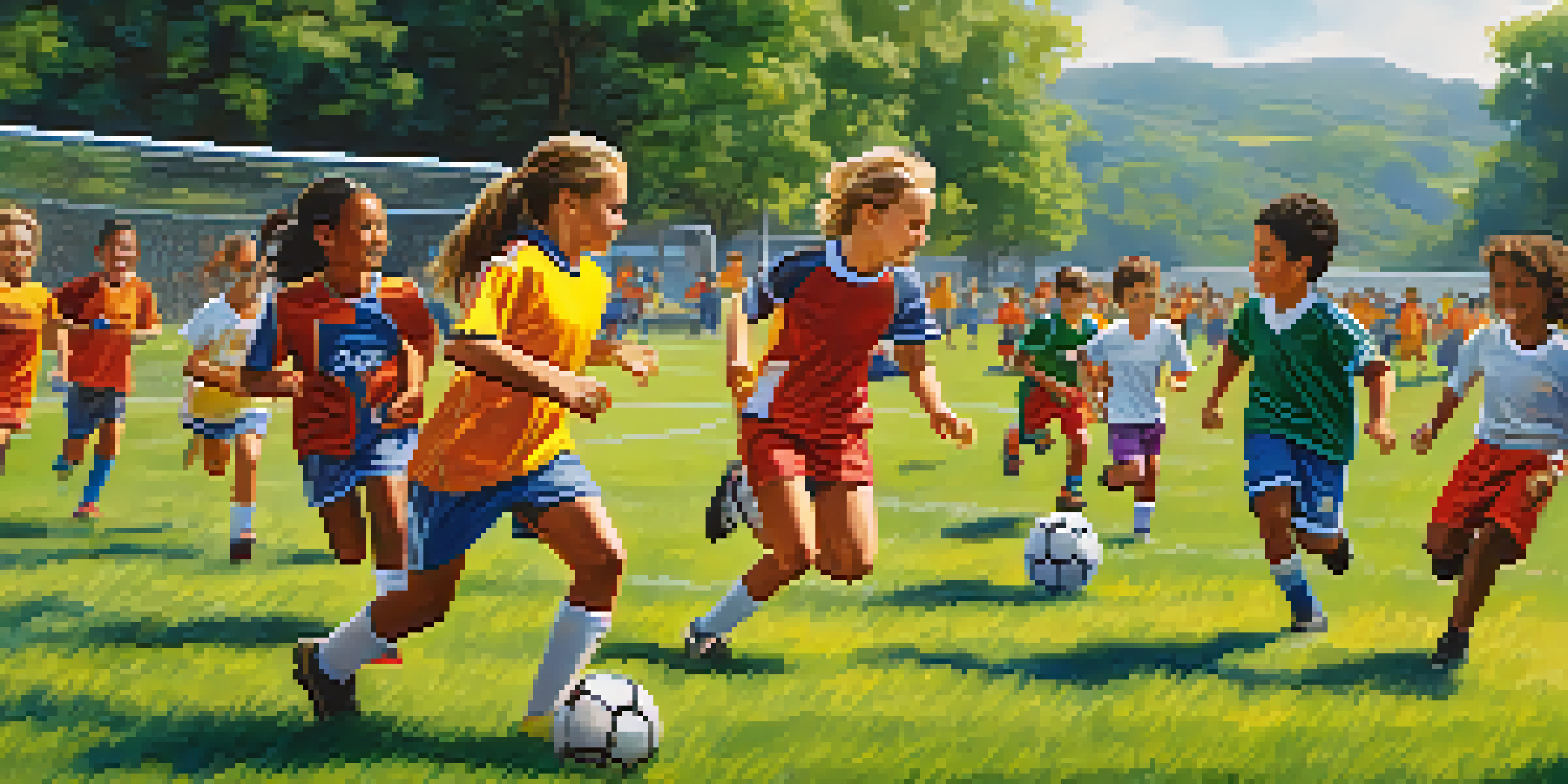 Young athletes playing soccer in a community match, with bright colors and an enthusiastic crowd.