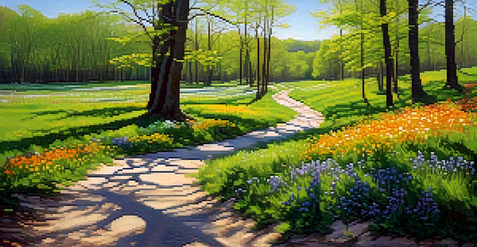 A picturesque spring landscape with blooming wildflowers and budding trees in a New Jersey state park, with a clear blue sky and a winding trail.