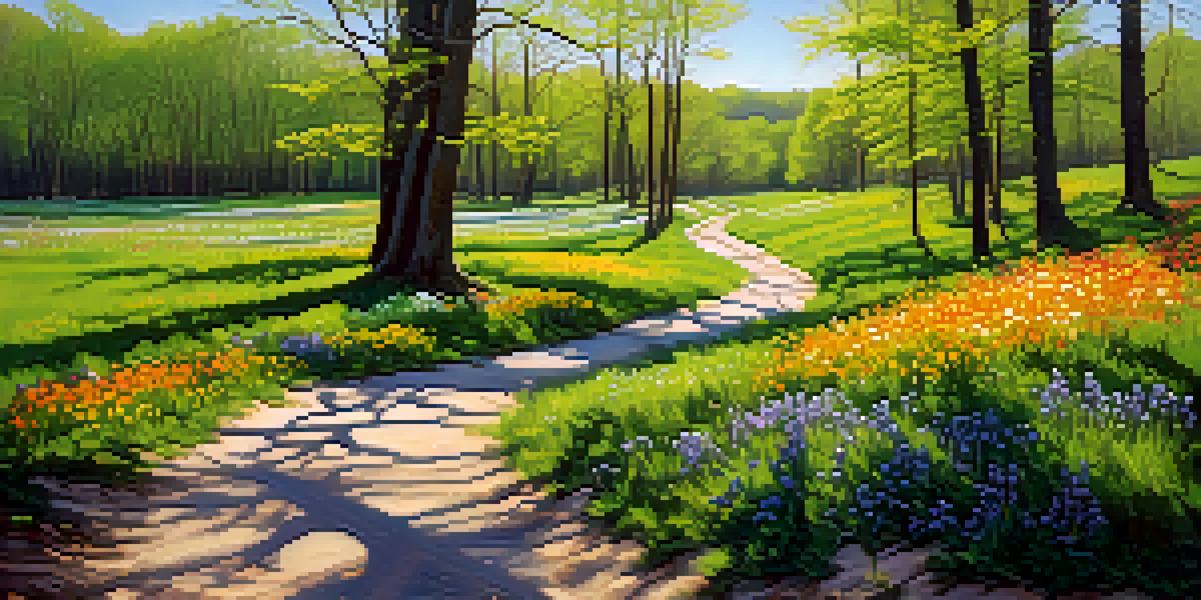 A picturesque spring landscape with blooming wildflowers and budding trees in a New Jersey state park, with a clear blue sky and a winding trail.