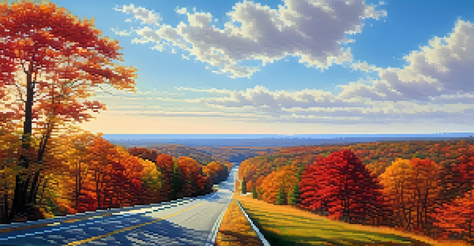A picturesque autumn scene of the Garden State Parkway with colorful fall leaves and a winding road.