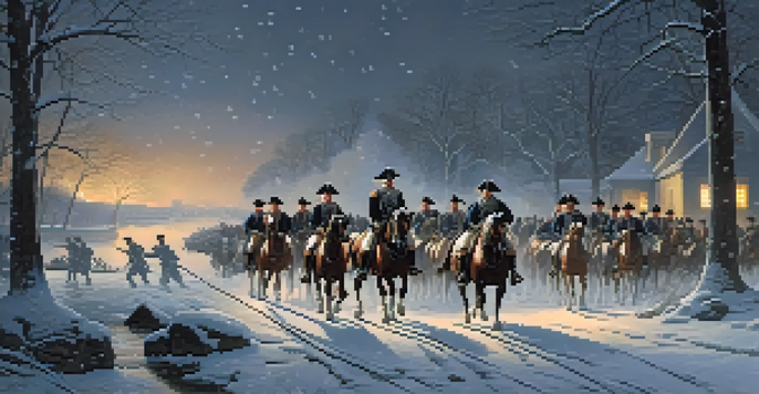 General George Washington and his troops crossing the icy Delaware River on a snowy night, depicting the Battle of Trenton.