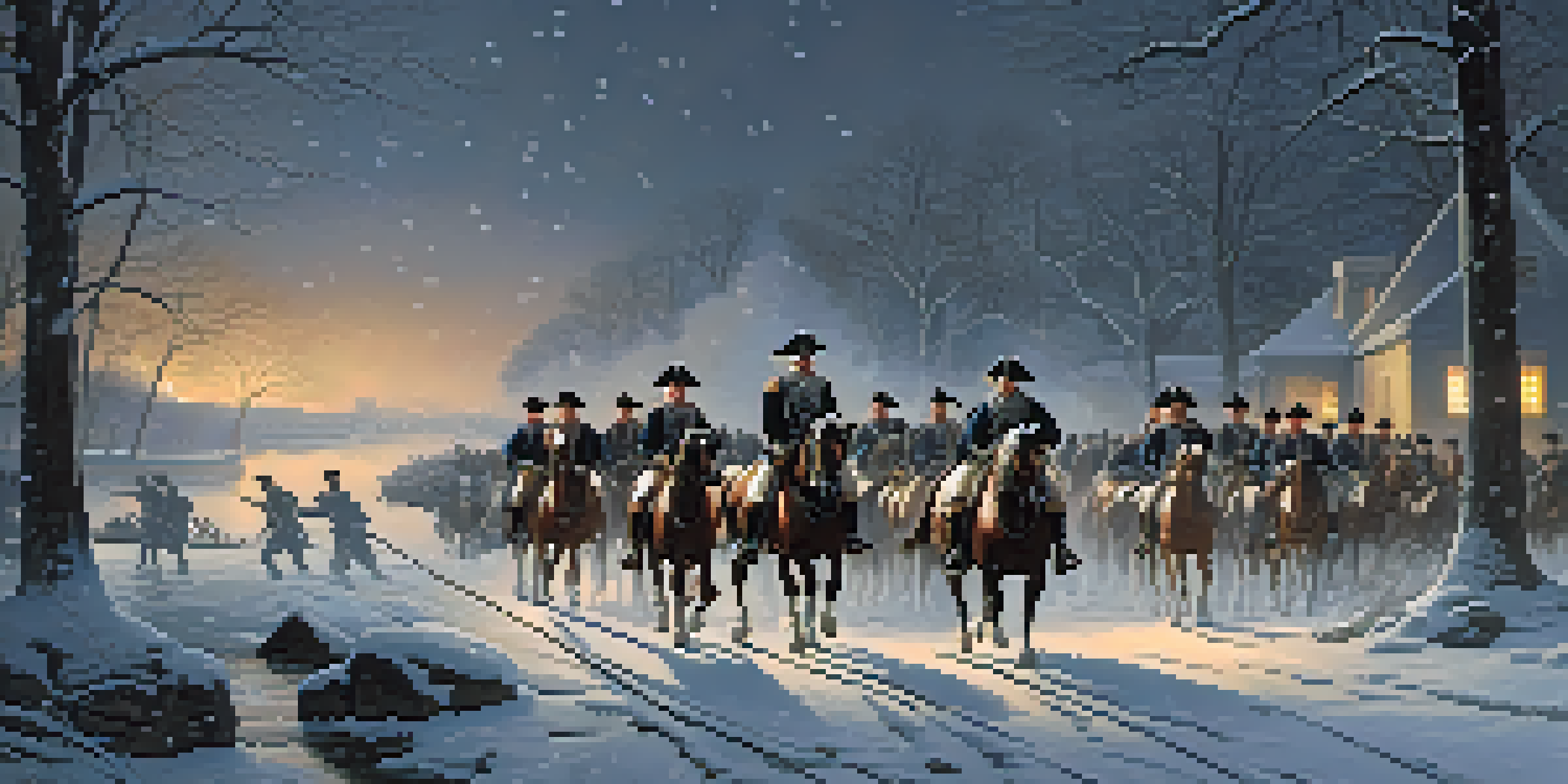 General George Washington and his troops crossing the icy Delaware River on a snowy night, depicting the Battle of Trenton.