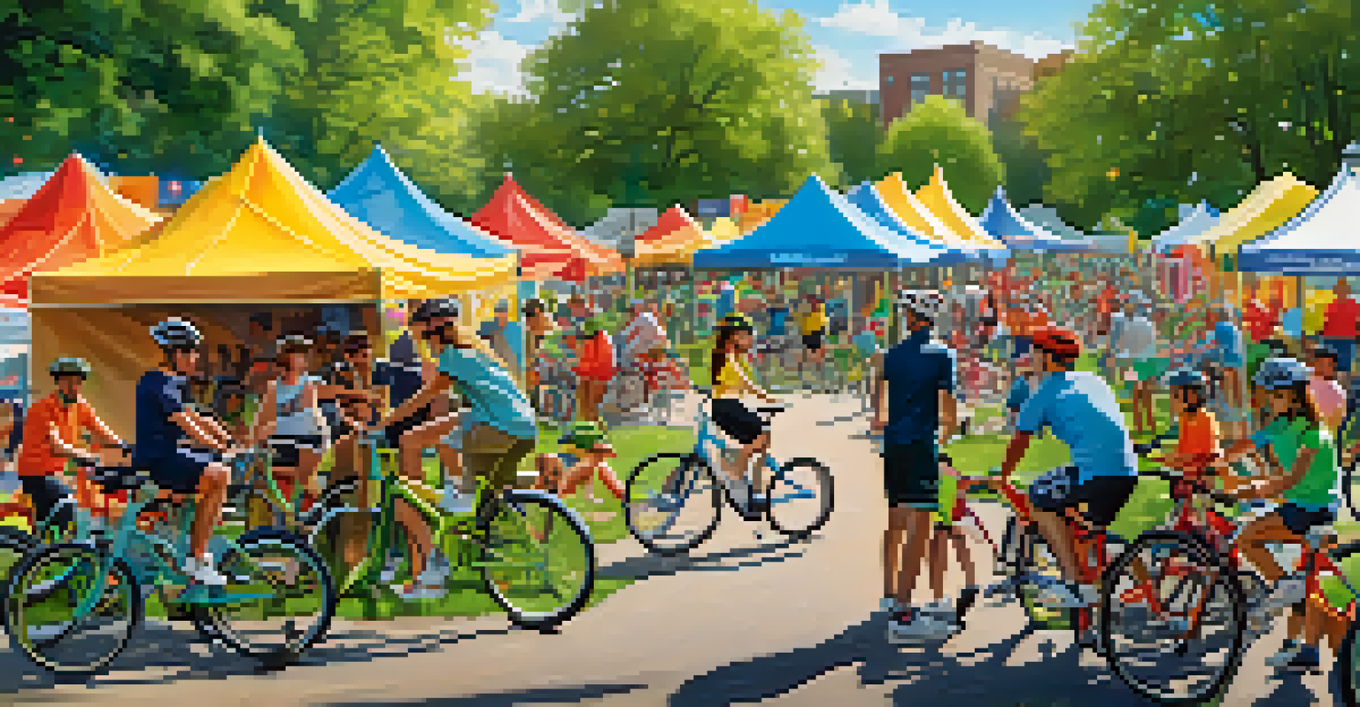 A community event in a park promoting cycling, with diverse cyclists participating in workshops and enjoying the atmosphere.