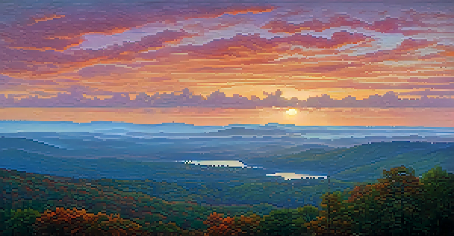 A panoramic view from High Point State Park at dawn, showcasing vibrant skies and the High Point Monument.