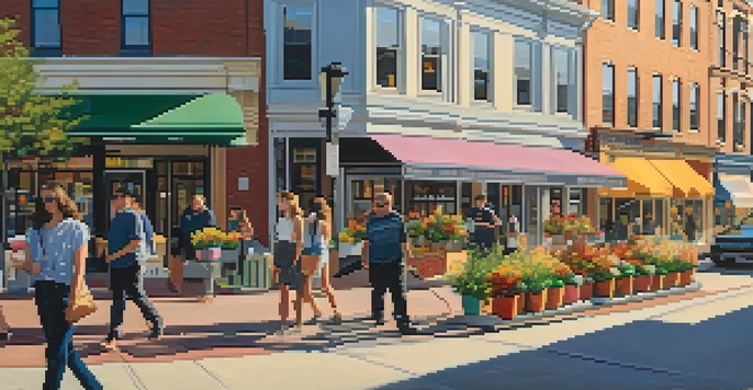 A lively city street in New Jersey during sunset, with people walking and colorful shops.