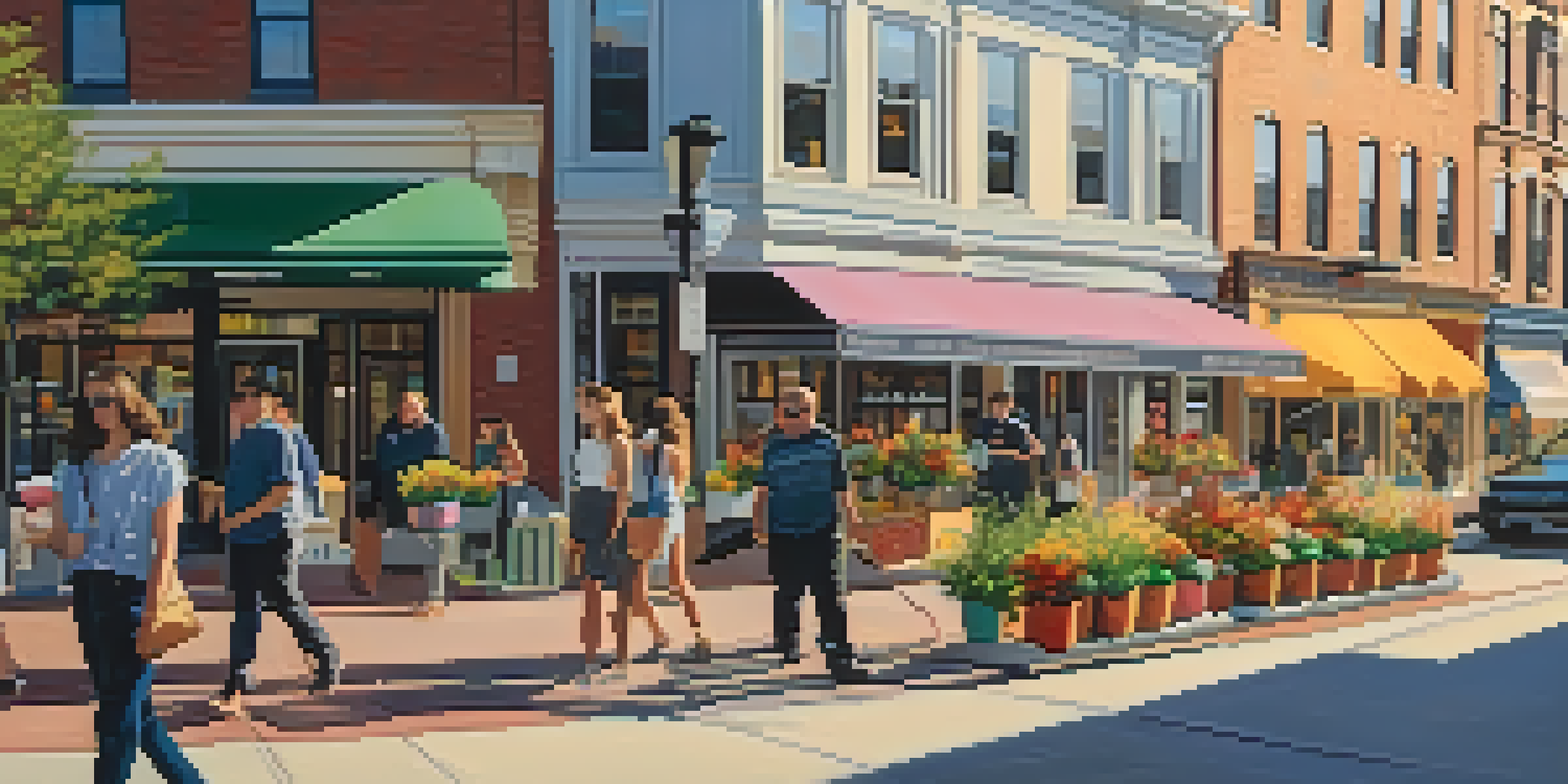A lively city street in New Jersey during sunset, with people walking and colorful shops.