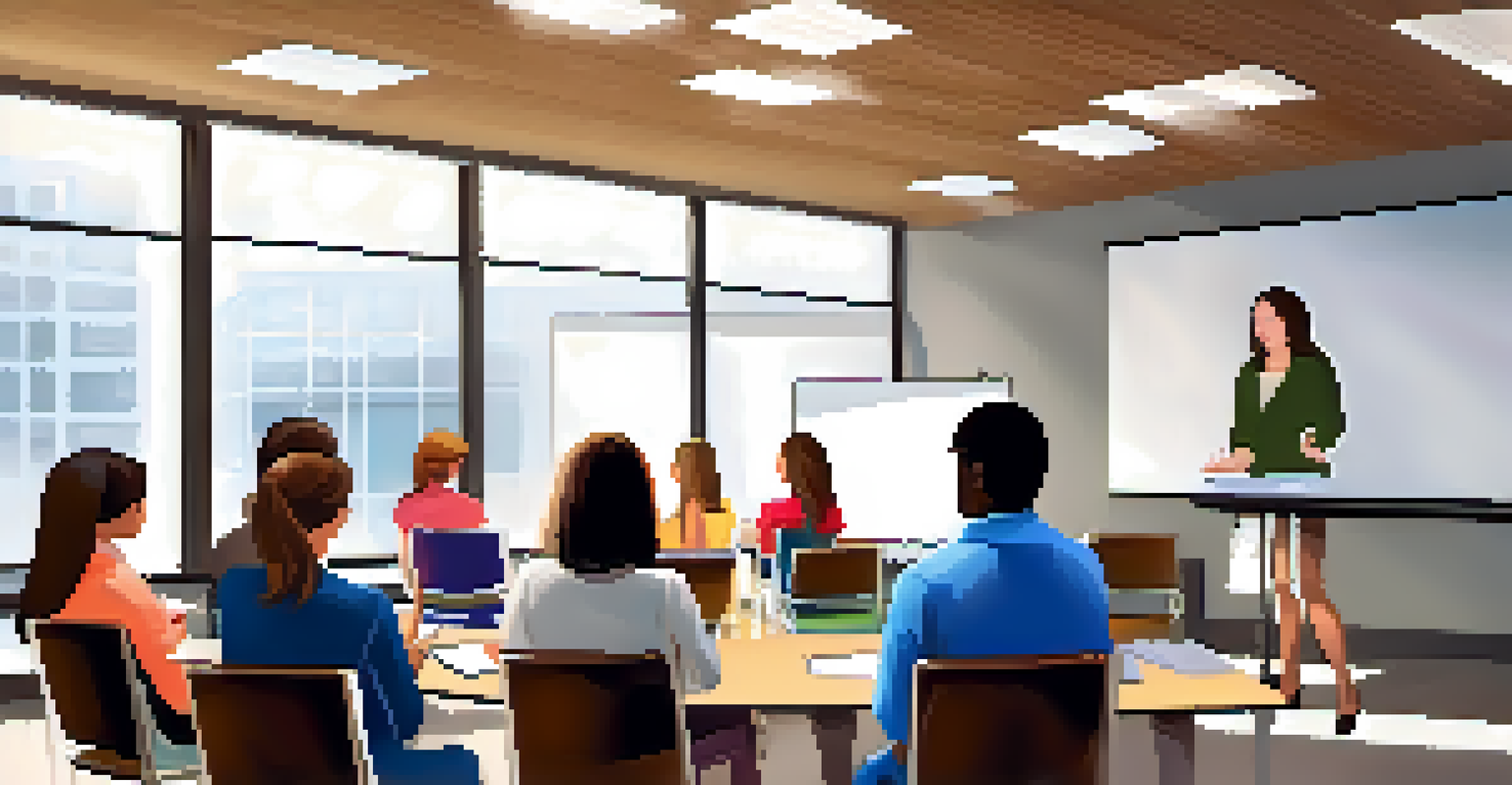 A teacher leading a professional development workshop with educators seated in a modern conference room.