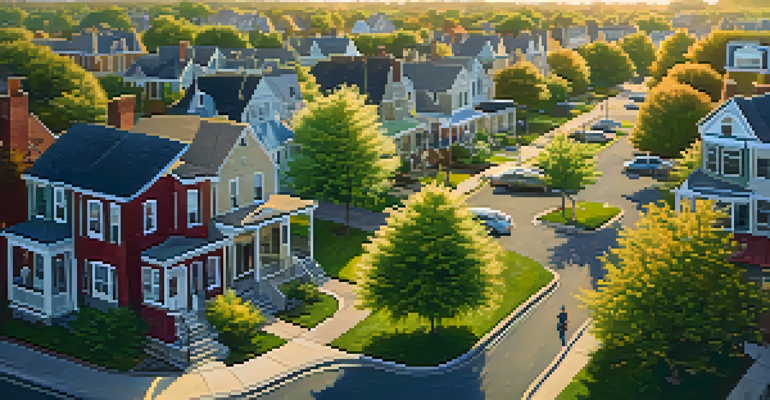 An aerial view of a vibrant neighborhood in New Jersey during golden hour, showcasing homes, shops, and parks.
