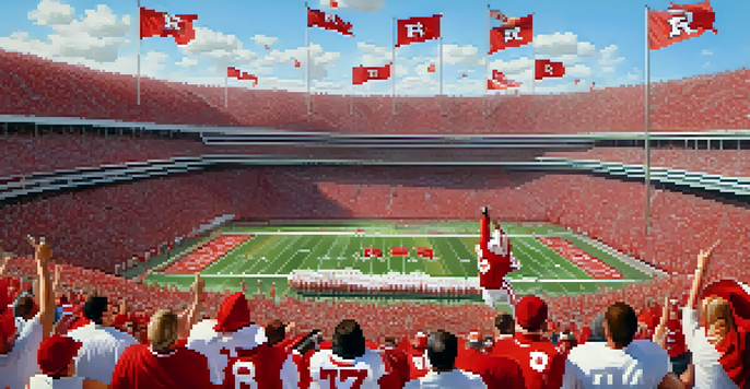 A lively college football game at Rutgers University with fans cheering in the stands, players on the field, and bright stadium lights.