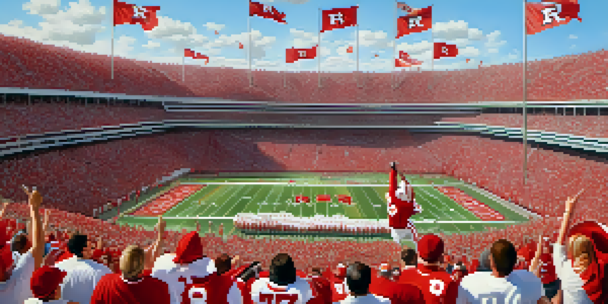 A lively college football game at Rutgers University with fans cheering in the stands, players on the field, and bright stadium lights.