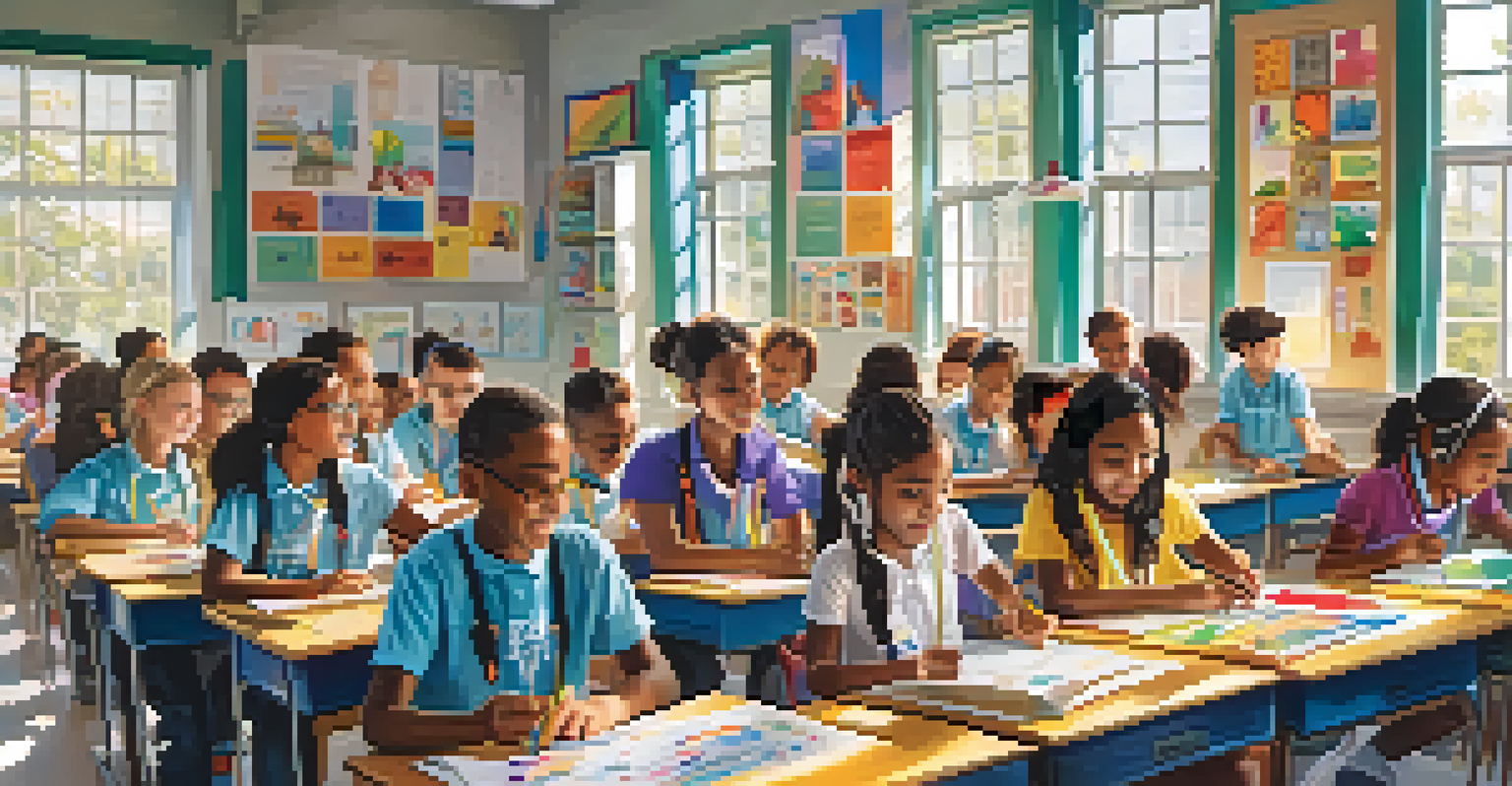 Students in a colorful classroom engaged in a science experiment, showcasing teamwork and learning.