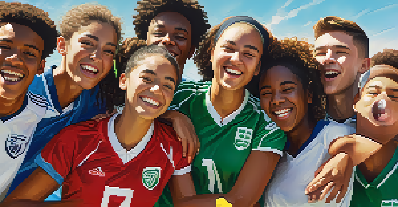 A group of diverse high school soccer players celebrating together on a sunny day after a match.
