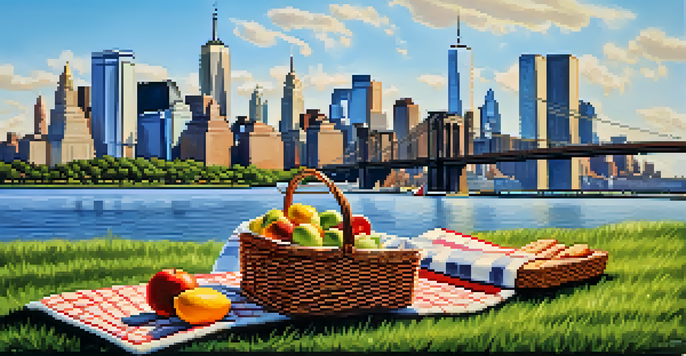 A picnic blanket with food set up in Liberty State Park, overlooking the Manhattan skyline and Hudson River under a clear sky.